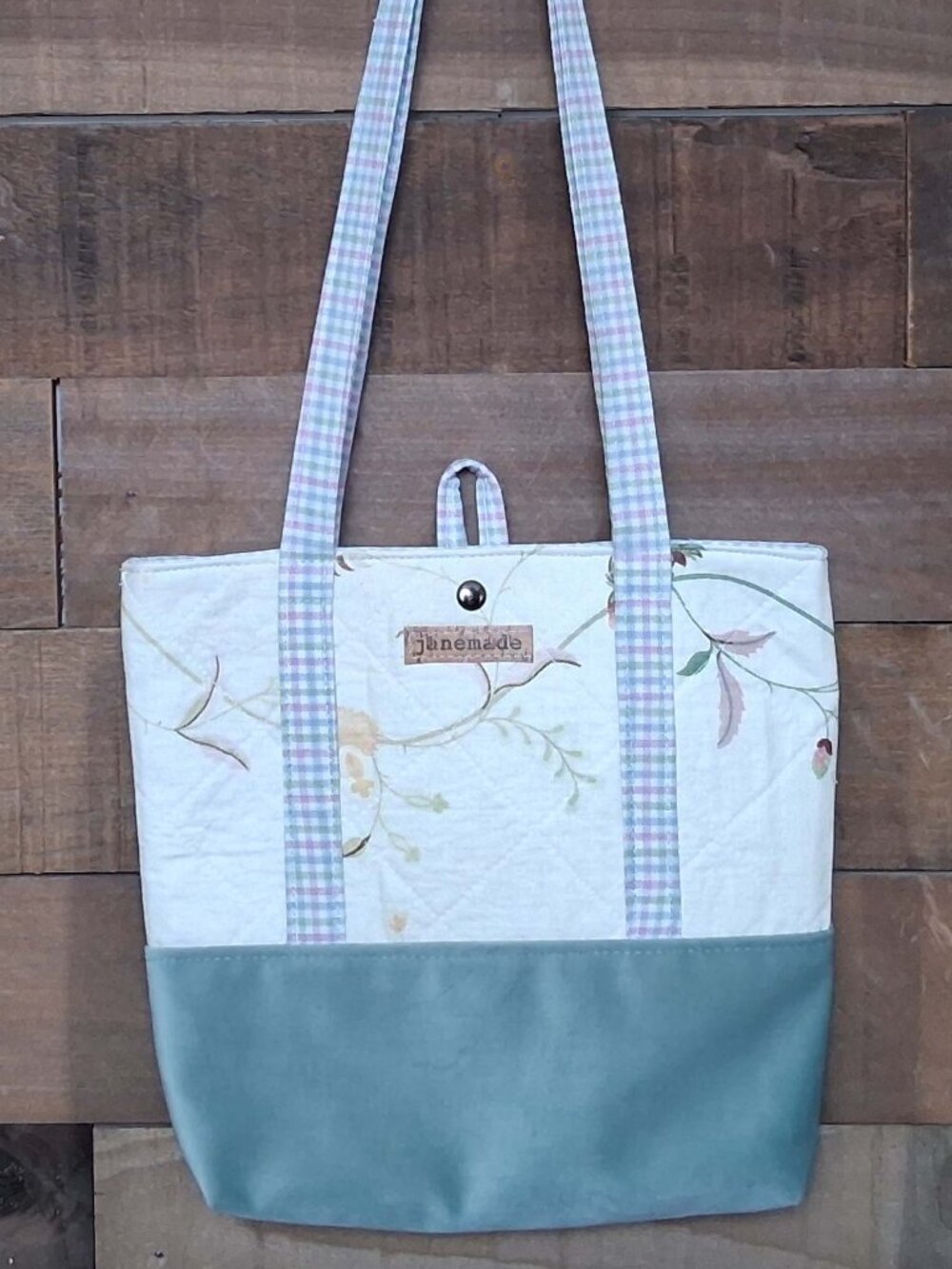 JaneMade Custom Bags One of a Kind, Upcycled Fabrics Gingham/Floral Frost Green.